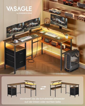 Комп'ютерний стіл VASAGLE L-подібний з розетками, LED-підсвічуванням та USB-портами, 150 x 120 x 76 см, для дому та офісу, вінтажний колір