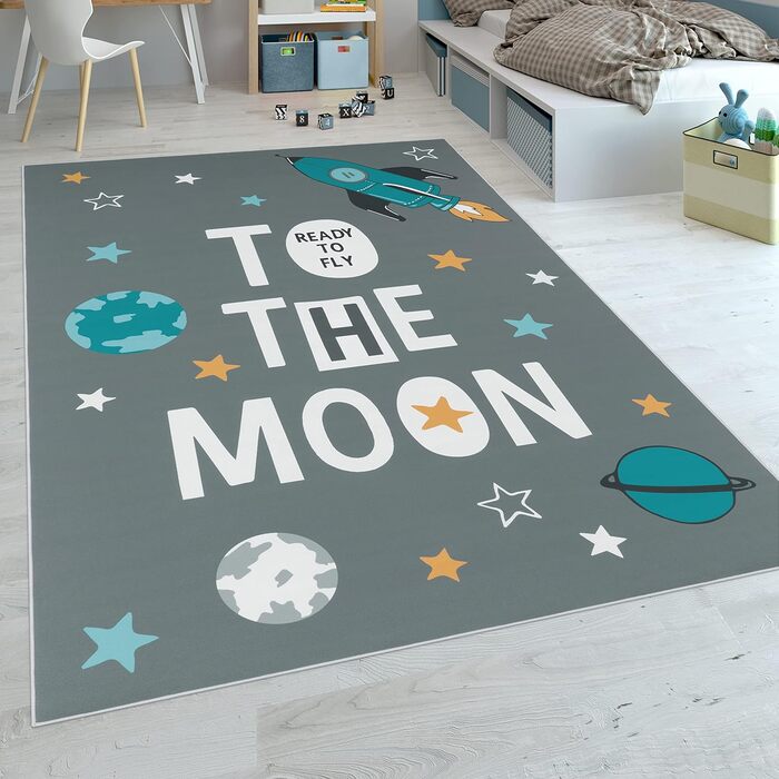 Дитячий килимок, ігровий килимок для дитячої кімнати, з мотивом ракети і приказкою, сірий, розмір (120х160 см)