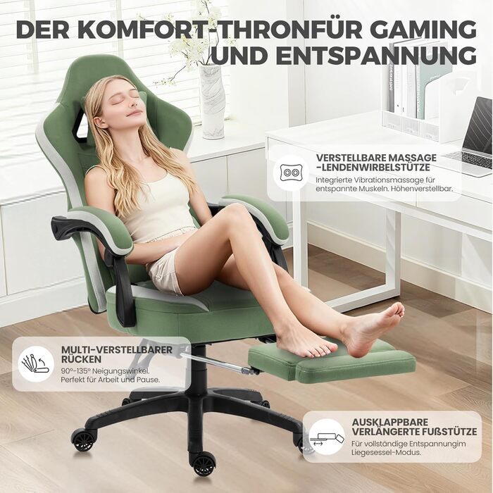 Ігровий крісло Dowinx з тканиною, гелевою подушкою та пружинним блоком, ергономічний офісний стілець з підніжкою, масажний ігровий крісло для дорослих (зелений)