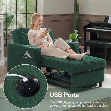 DURASPACE крісло-ліжко 3-в-1 99 см, розкладне, з USB, кишенею та підсклянником, для малих кімнат, зелений
