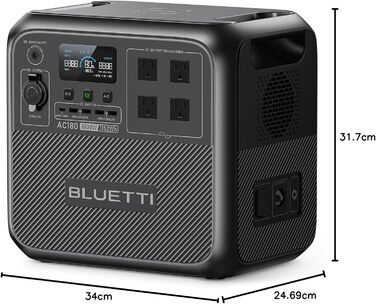 Портативна електростанція BLUETTI AC180, ємність 1152 Wh, номінальна потужність 1800 W, пікова потужність 2700 W