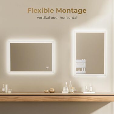 Дзеркало для ванної кімнати з підсвічуванням LED 80x60 см, регульоване, з протитуманним покриттям, вертикальна/горизонтальна установка, 3 кольори світла (3000K/4000K/6500K)