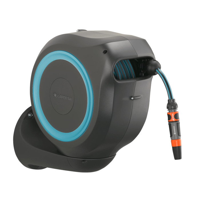 Шланг садовий Gardena RollUp M (бірюзовий) 20м: гнучкий, з поворотним барабаном, з кріпленням для стіни, з розпилювачем та 20м шлангу
