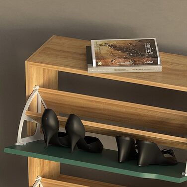 Взуттєва шафа BAKAJI з МДФ, 4 дверцята, відкидна полиця, врізні ручки, подвійна глибина, компактна, 63 x 24 x 150 см, для дому, зелений та дуб