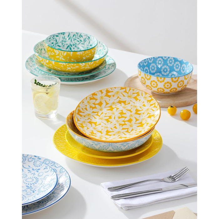 Набір посуду Vancasso Selene для 6 осіб, 24 елементи: тарілки, супові тарілки, миски, десертні тарілки. Пастельне порцелянове покриття, підходить для мікрохвильової печі.