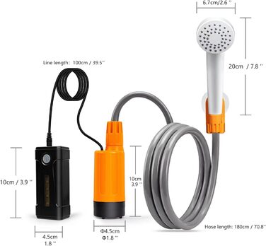 Портативний кемпінговий душ koopsmate, відкритий кемпінговий душ зі світлодіодними ліхтарями, акумуляторна батарея, мобільний душ з душовою лійкою та шлангом, відкритий душ для походів, садова автомийка Orange - дві батареї