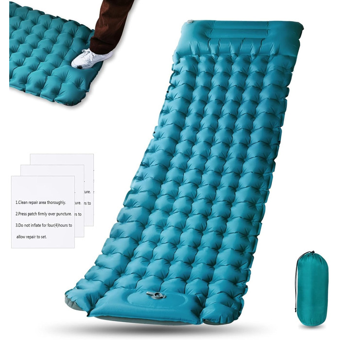 Кемпінговий килимок Flintronic Самонадувний за допомогою насоса для ножного преса, водонепроникний спальний килимок товщиною 10 см з подушкою, відкритий надувний надувний матрац, складний килимок для сну на відкритому повітрі, кемпінг синій