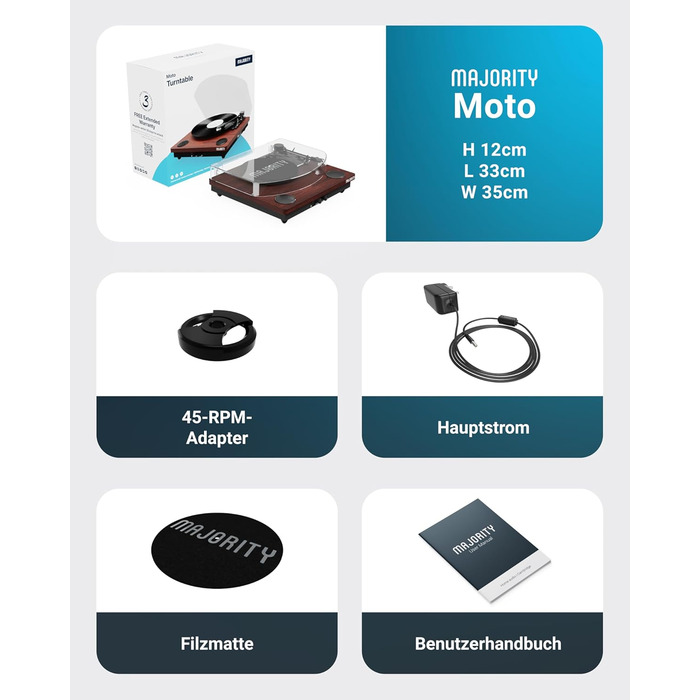 Вініловий програвач Majority Moto з Bluetooth, динаміком, USB-записом, касетою, адаптером 45 RPM та фетровим килимком