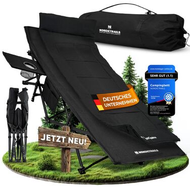 Розкладне ліжко для кемпінгу NORDICTRAILS XXL з м'яким матрацом, чорне (190 x 70 см) — зручне похідне ліжко для відпочинку та риболовлі