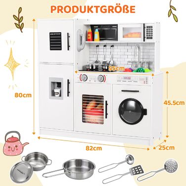 Дерев'яна дитяча кухня MAMIZO з підсвіткою та звуком, 82x80x25 см. Комплект іграшок для дітей від 3 років, біла