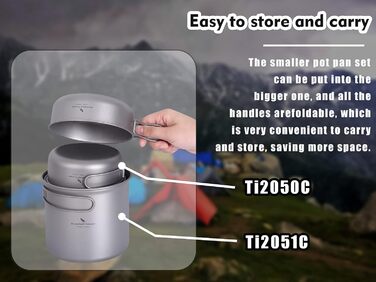 Набір посуду для кемпінгу iBasingo з титану: каструля та сковорода з складаним ручками. Легкий набір для приготування їжі на природі, туризму та пікніків. Модель Ti2052C