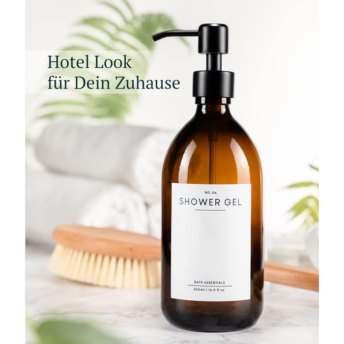 MONOKO Набір з 4 дозатори для мила, миючого засобу, шампуню та гелю для душу (500 мл) з нержавіючою помпою та наліпками, коричневий