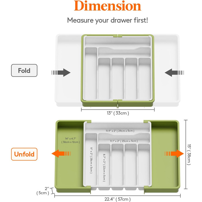 Лоток для столових приборів Lifewit для висувних ящиків, розширюваний лоток для столових приборів, регульований лоток для столових приборів, пластик, тримач для ножів ложки, тримач для ножів, великий, (зелений і білий)