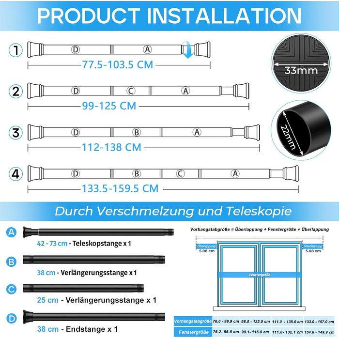 Набір з 2 штук штанги для карниза без свердління, 76-165 см. Підходить для душу, вікна, кухні, шафи. Чорний колір.