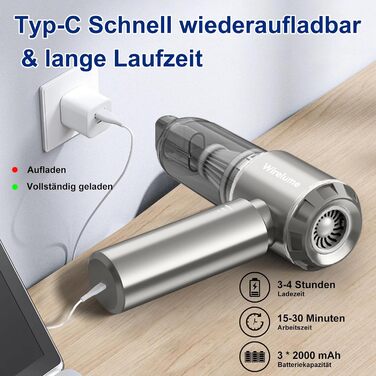 Акумуляторний ручний автомобільний пилосос 4 в 1, потужність 22000 Па, циклонна система, 3 режими всмоктування, портативний бездротовий пилосос для авто та шерсті тварин (світло-сірий)