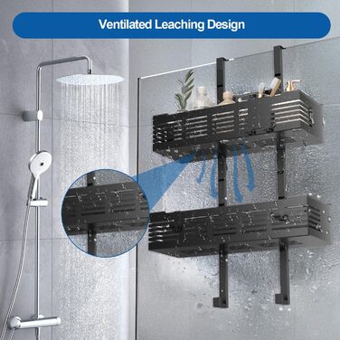 Настінна поличка для душу без свердління, чорна, для скляних душових кабін, регульована висота, 3 гачки для шампуню та гелю для душу