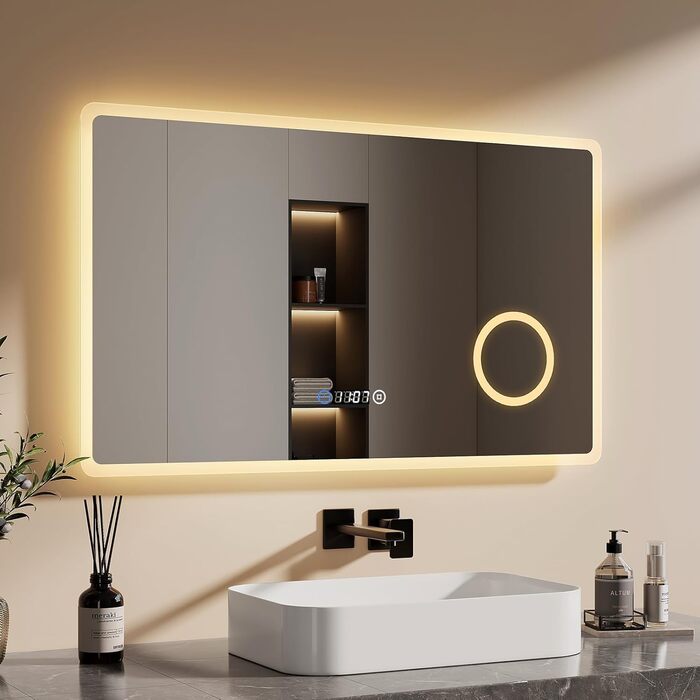 EMKE® Дзеркало для ванної кімнати LED 80x60 см з підсвічуванням, 3 кольори світла, годинник, захист від запотівання, IP44