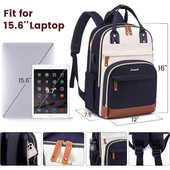LOVEVOOK Рюкзак для жінок з відділенням для ноутбука 15.6 дюймів, шкільний рюкзак для дівчаток та підлітків, водонепроникний, анти-крадіжка, для школи, подорожей, роботи, легкий, з PU-матеріалу, кольори: бежевий, темно-синій, коричневий