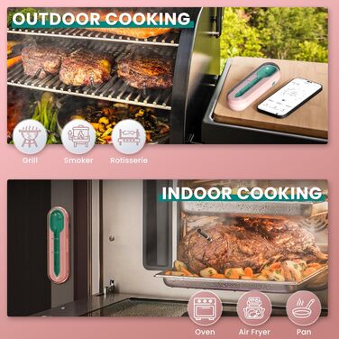 Бездротовий термометр для м'яса для гриля та копчення, 500FT, розумний датчик температури для BBQ, духовки, гриля, коптильні, Sous Vide (рожевий)