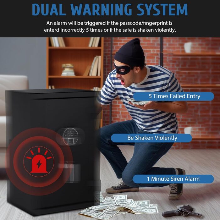 Біометричний вогнестійкий сейф WASJOYE з відбитком пальця, цифровою клавіатурою та зарядкою Type-C, 66L, для дому, офісу, готелю, водонепроникний, для документів та готівки