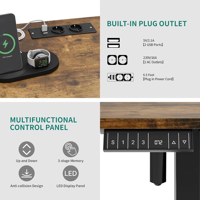 Електричний стіл з регулюванням висоти, 2 шт. USB, розетки, 120x60x(72-120) см, зрощувальна дошка, ручне управління з пам'яттю, сидячий/стоячий стіл, коліщатка на 360, вінтажний коричневий