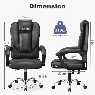 Офісний стіл Naspaulro Ergonomischer Bürostuhl з регульованою висотою та високою спинкою, м'яке сидіння, поворотний крісло з бавовняно-льняної тканини, коліщата, для роботи (чорний, шкіра)