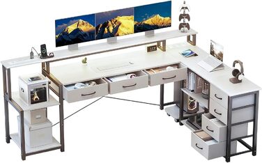 Кутовий стіл з ящиками, геймінговий стіл з розеткою, LED та підставка для монітора, 200 x 146 см, 7 тканинних ящиків, комп'ютерний стіл для офісу, робочого кабінету, спальні (Білий)