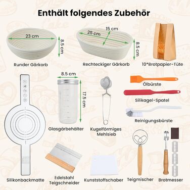 Набір для закваски GEEKHOM: 14 предметів для випікання хліба (заквасочний кошик круглий та овальний, склотара 650 мл, скребок для тіста)