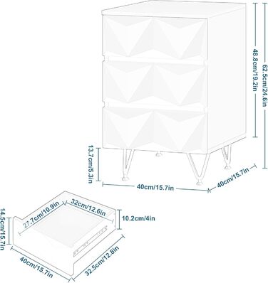 Тумбочка EUGAD з 3 ящиками, 3D ефект, білий золото, 40x62.5x40 см, набір з 2 шт.