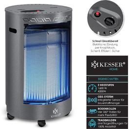 Газовий обігрівач KESSER 4200 Вт, керамічний інфрачервоний, з редуктором і шлангом, для бутану/пропану, з чохлом, сірий (Газовий балон не входить у комплект)