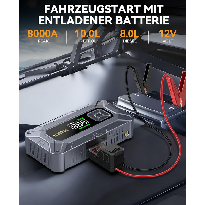 Портативний пусковий пристрій 8000A з повітряним компресором 160 PSI для бензинових та дизельних двигунів (до 10л), з дисплеєм та аварійною світлодіодною лампою
