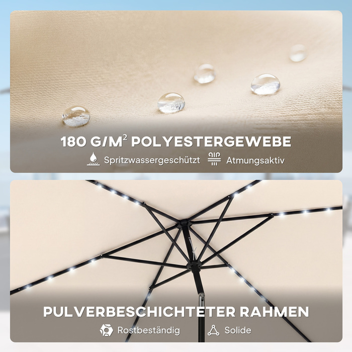 Сонячний парасоль з LED-підсвіткою, приблизно 300 x 200 см, регульований нахил, балконний парасоль з ручним механізмом, захисний чохол, захист від ультрафіолету, поворотний, кремово-білий