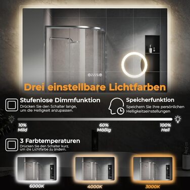 Дзеркало для ванної кімнати зі підсвічуванням SVNR, 70 x 50 см, LED, з 4 мм дзеркалом без вмісту міді, подвійне сенсорне керування, антизапарник, регулювання кольору світла (3000K-6400K), Smart-дзеркало з лупою 5x та розеткою для гоління