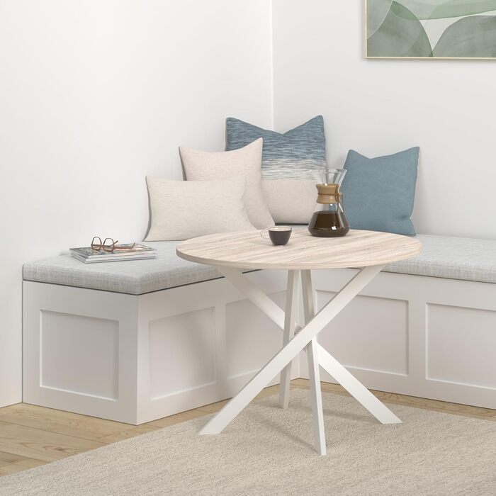 Круглий стіл для їжі Skraut Home Zen | 90x90x77 см | для вітальні | на 4 особи | міцні матеріали (білий + білі ніжки, дуб + білі ніжки)