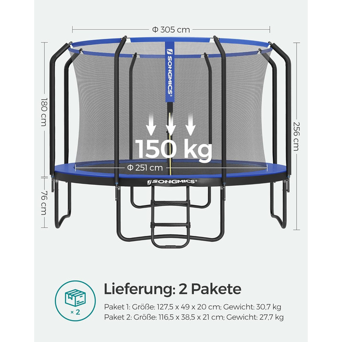 Батут SONGMICS садовий Ø305 см з захисною сіткою та драбиною, чорно-синій