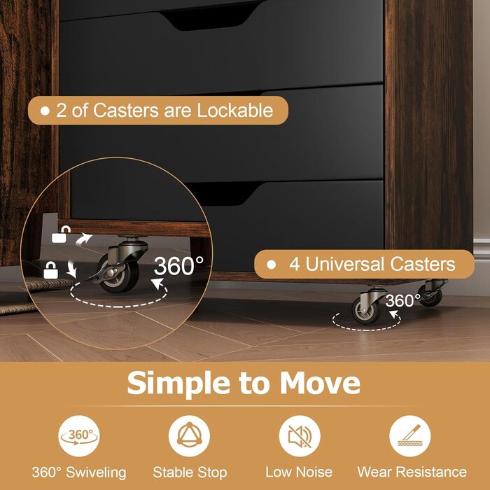 Роликовий контейнер KOMFOTTEU з шухлядами, мобільний офісний шафчик, шафка для документів на колесах, білий офісний візок, шафка для паперів та документів (Коричневий)