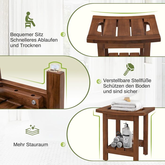 Дзеркальний табурет для душу LUE BONA з масивного теку, 39.9x29.5x41.4 см, коричневий