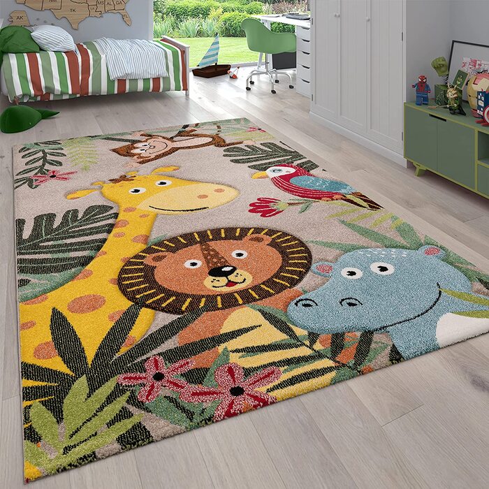 Дитячий килимок Paco Home для дитячої кімнати для хлопчиків з коротким ворсом у вигляді тварин і джунглів, розмір колір (120 см круглої форми, бежевий)