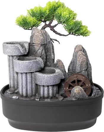 Кімнатний фонтан Lemodo Zimmerbrunnen LED 3-рівневий, з підсвіткою, для дому, офісу, вологостійкий, 27x19x33 см (Водяне колесо)