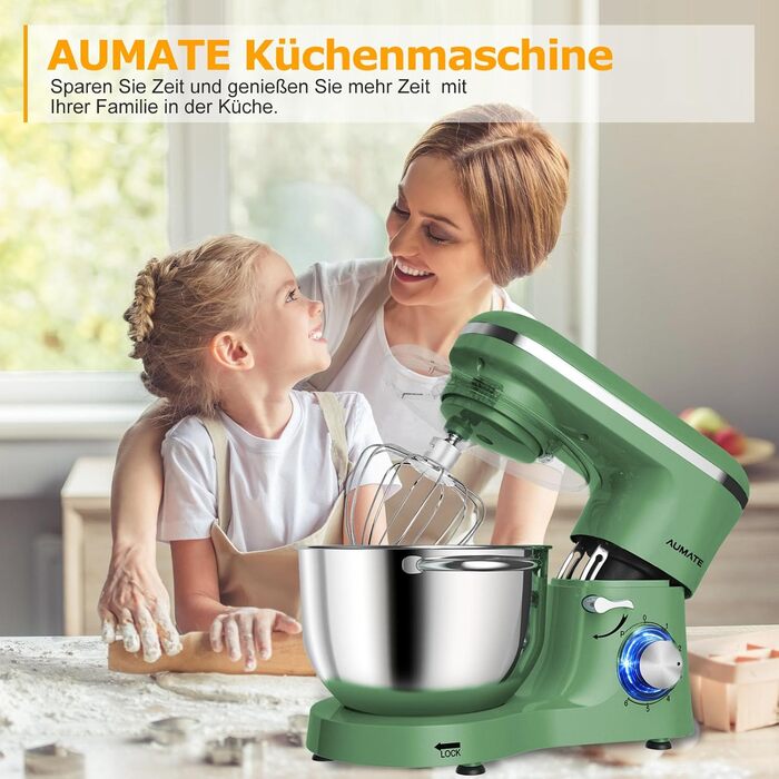 Кухонна машина AUMATE 1400W, 6.2 л, оливковий, з міксером та гаками для тіста