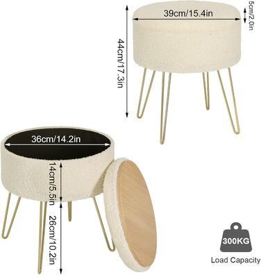 Туалетний столик Табурет, кругле сидіння з місцем для зберігання, м'який табурет, 39xH44 см, кремово-білий, бежевий