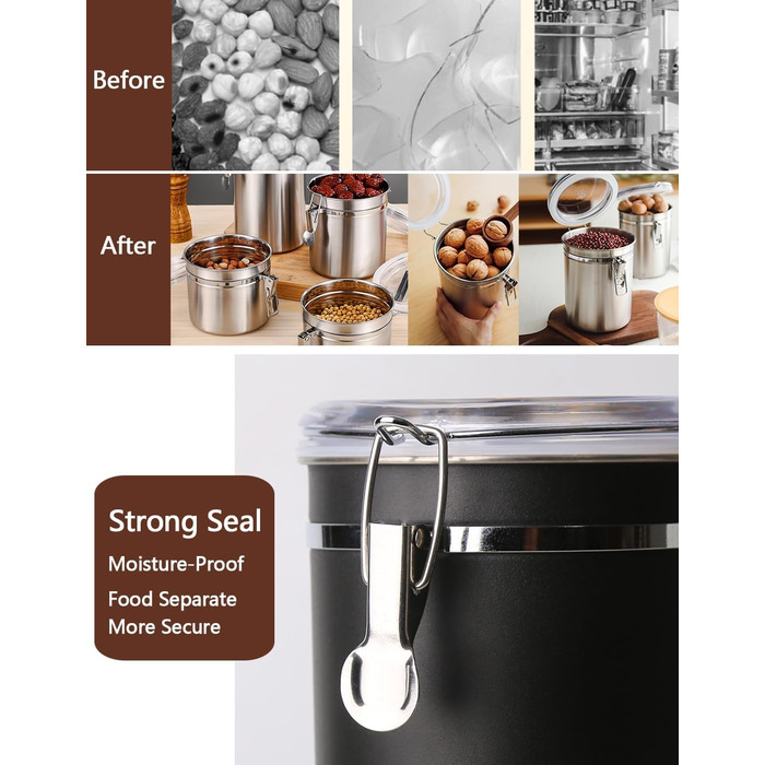 Контейнер для кави та продуктів, 2 шт., 1.2 л, нержавіюча сталь, чорний. BPA-free