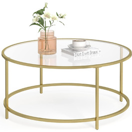 Журнальний столик VASAGLE, скляні меблі для вітальні, сталевий каркас, круглий журнальний столик, золотий тон LGT21G