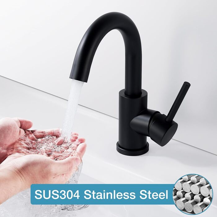 Змішувач для ванної кімнати/кухні 360° з нержавіючої сталі, одноlever, висота виливу 150 мм, чорний матовий, з щіткою Нікель