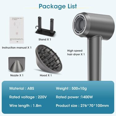 Професійний фен для волосся з безщітковим двигуном 110 000 об/хв, іонізацією (200 млн негативних іонів), 4 температурних та 2 швидкісних режимах, з дифузором та концентратором