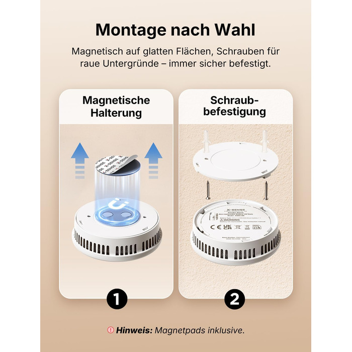 Датчик диму X-Sense з батареєю на 10 років, 6 шт., білий. Магнітне кріплення, без LED-індикації, кнопка тестування/вимкнення. Ультратонкий XS0G-SN