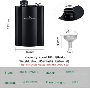 Фляга з титану iBasingo 180мл - Ultraleichter Flachmann для напоїв, Whiskey, Wodka, Weinflasche, Ti3071D (Ti3072d-180ml)
