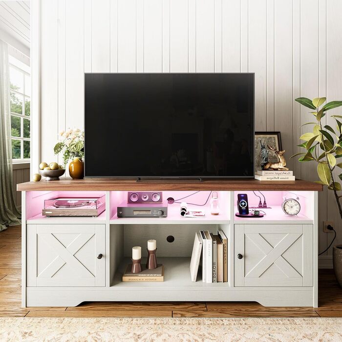 Тумба під ТВ Coleshome з розетками, USB, LED, 4 відкриті полиці та 2 шухляди, 150x35x65 см, білий та горіх