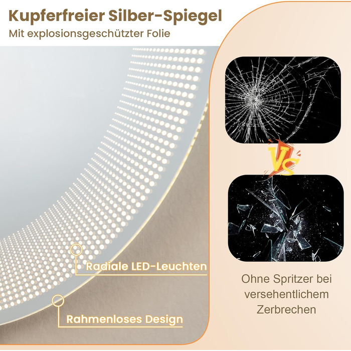 Дзеркало GOPLUS з підсвічуванням для ванної кімнати та вітальні, 3 кольори світла, антизапарник, годинник, температура, функція пам'яті, модель 3