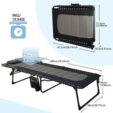 Велике розкладне шезлонге для саду: Outdoor, XXL, 5 положень спинки, до 150 кг, з подушкою та кишенею, 200x68 см, сірий